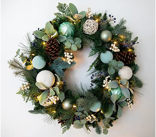 Greenery Wreath with Ornaments & LED Lights by Lauren McBride - QVC.com | QVC