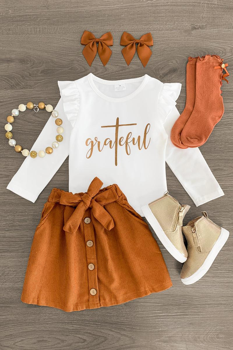 "Grateful" White Corduroy Skirt Set | Sparkle In Pink