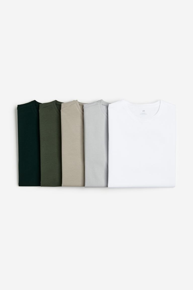 5-pack Slim Fit T-shirts - Grey/Beige/Green - Men | H&M GB | H&M (UK, MY, IN, SG, PH, TW, HK)