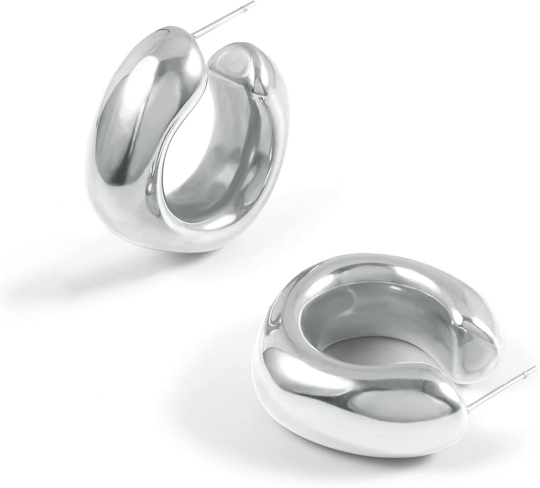 Thick Silver Chunky Hoop Earrings Lightweight Open Hoops For Women | Amazon (US)