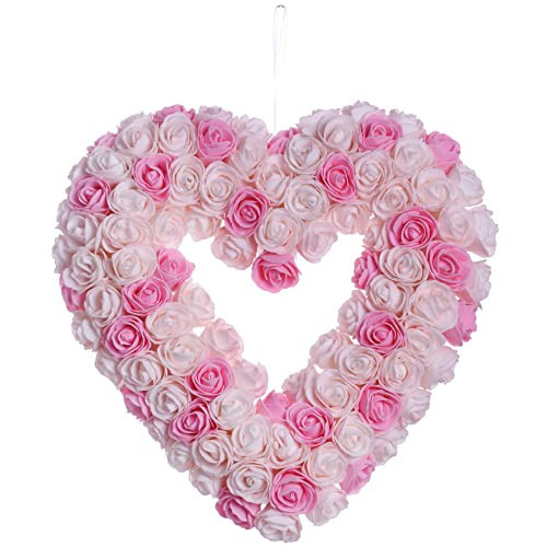 JINGHONG Valentine’s Day Wreath,13 Inch Artificial Heart-Shaped Wreath Romantic Rose Wreaths for Front Door for Valentine’s Day Gifts Anniversary Wedding Candlelight Dinner Decor(Pink) | Amazon (US)