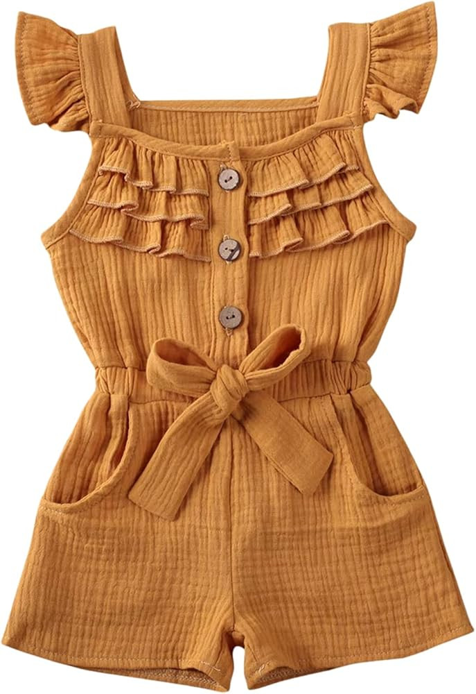 Toddler Baby Girl Romper Jumpsuit Fly Sleeve Bodysuit Ruffle Sleeveless Pockets One Piece Overall... | Amazon (US)