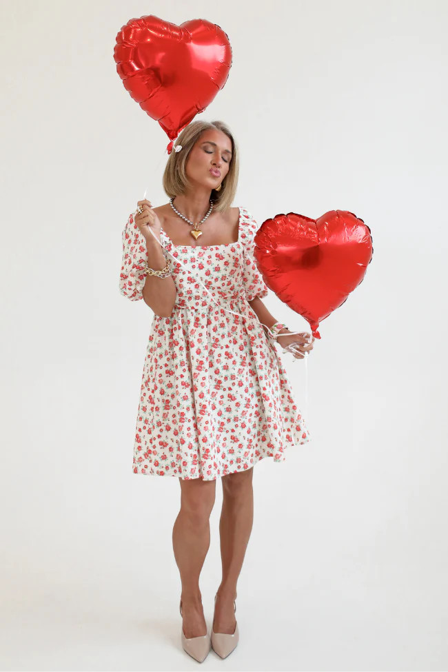 I'm Just A Girl Ivory and Red Rosette Printed Mini Dress Kalee Rogers | Pink Lily