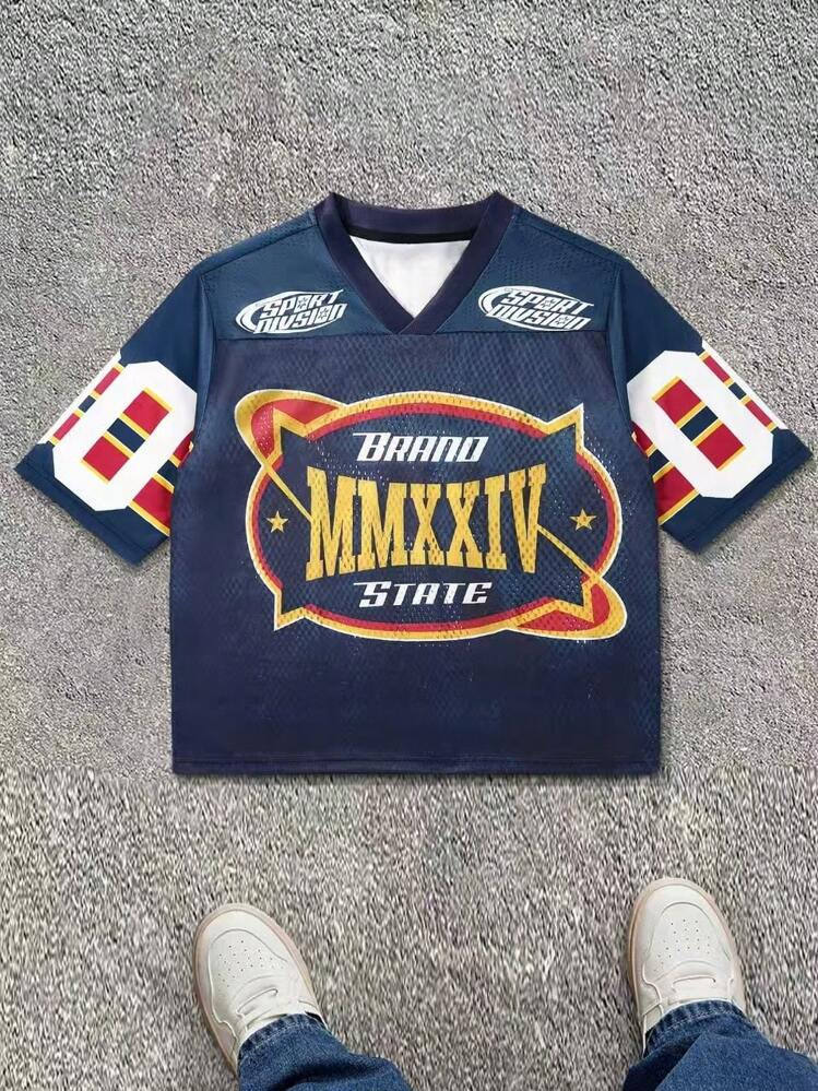 Retro Loose Basketball/Football Jersey V-Neck Short Sleeve T-Shirt, Casual Streetwear Sporty Couple Tops With Number & Letter Print, Suitable For Gifts To Husband/Boyfriend | SHEIN