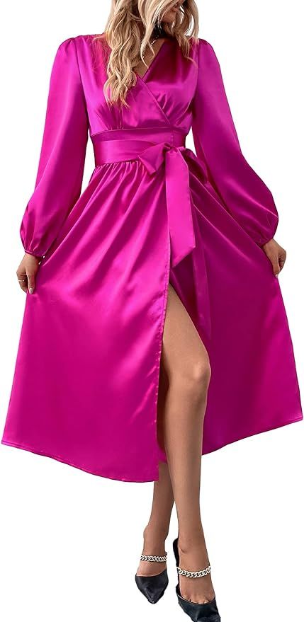 WDIRARA Women's V Neck Long Sleeve Wrap Slit Hem High Waist Elegant Belted Midi Dress | Amazon (US)