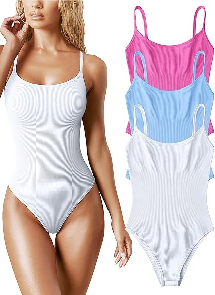 OQQ Women's 3 Piece Bodysuits Sexy Ribbed Sleeveless Adjustable Spaghetti Strip Tops Shapewear Bo... | Amazon (US)