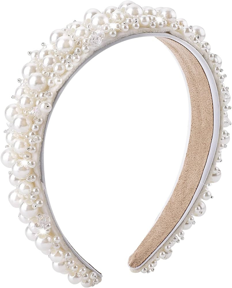 Lusofie Pearl Headbands for Women Wide Hair Hoop Band Bridal Headband Rhinestones Hairbands Faux ... | Amazon (US)