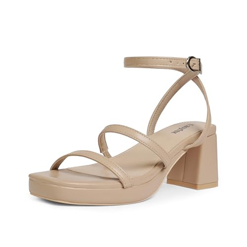 Easyfox Nude Platform Sandals for Women Two Strap Nude Heels Chunky Platform Heels Square Open Toe Strappy Sandals Block Heel Dance Wedding Sandal Shoes Size 6.5 | Amazon (US)