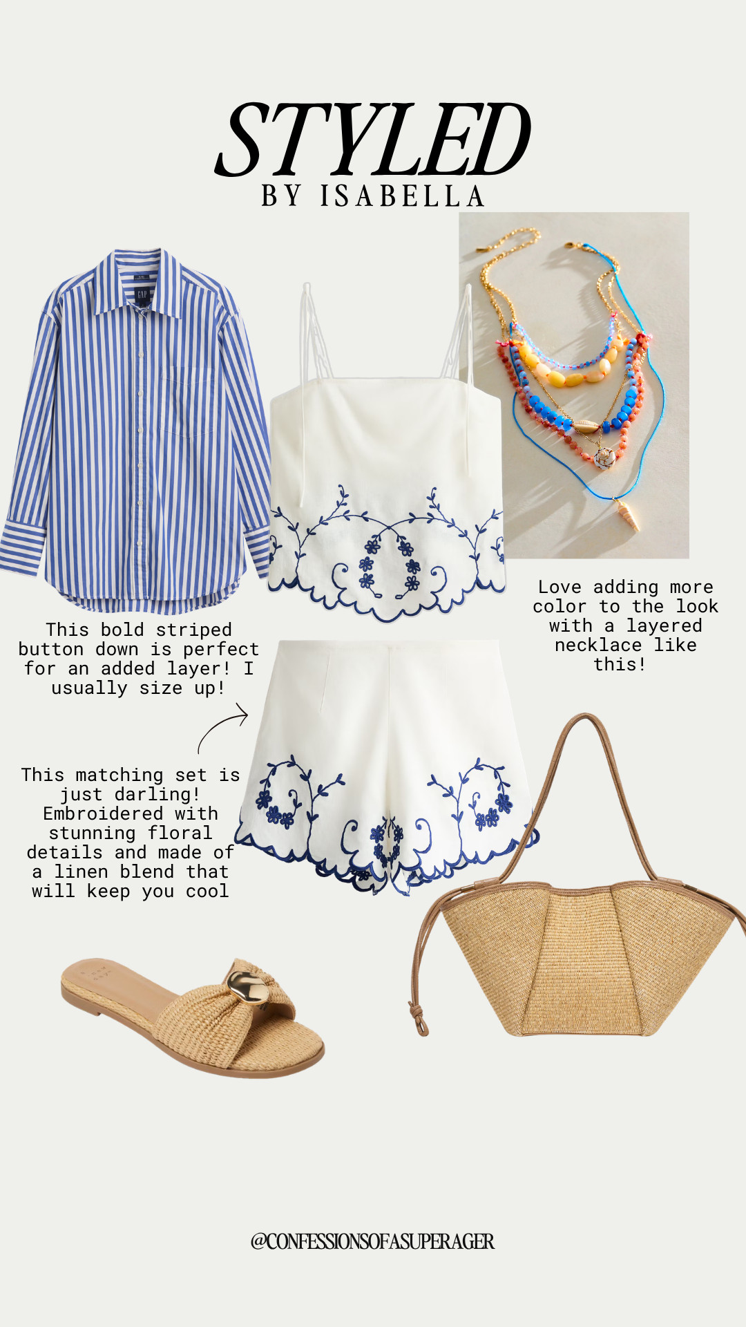 Get ready for ultimate vacation vibes with the coastal chic ensemble featured in 130.jpg! This darling white linen blend matching set features stunning blue embroidered floral details with a scalloped edge that will keep you cool and stylish all season long. It pairs beautifully with a bold blue and white striped button-down shirt layered loosely over top (pro-tip: size up for that effortless, oversized look!). Complete this resort-wear aesthetic with a colorful, layered beaded statement necklace, comfortable woven straw slide sandals, and a matching raffia tote bag perfect for beach days, cruise vacations, or a weekend brunch with friends.#LTKtravel #ResortWear #LinenSet #CoastalChic #SummerOutfits #VacationStyle #MatchingSet #EmbroideredDetails #StripedButtonDown #StrawBag #BeachStyle #AgelessFashion #ShopTheLook

#LTKSeasonal #LTKOver40 #LTKSaleAlert
