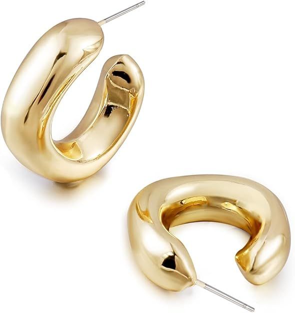 Chunky Gold Hoop Earrings, Small Gold Hoop Earrings for Women 14K Real Gold Plated Thick Open Hoo... | Amazon (US)