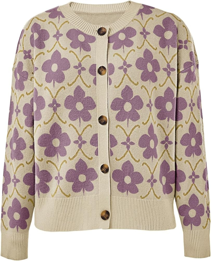 Saodimallsu Womens Floral Cardigan Sweaters Long Sleeve Open Front Button Down Knit Retro Sweater... | Amazon (US)