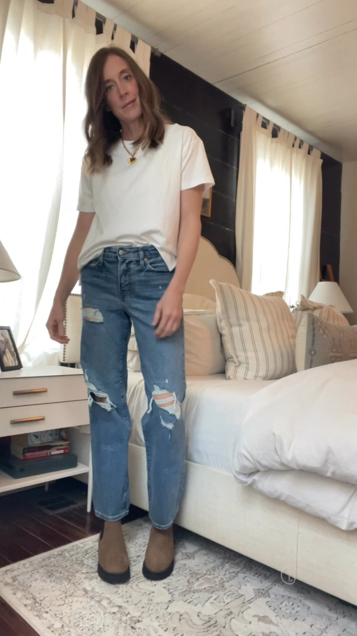 A comfy outfit for travel or errands. 
Jeans are so soft and comfortable - they run true to size. I’m wearing a 2. 
The white top is perfect for layering. The quality is SO GOOD! The plaid button down is on sale for $10 - I sized up to a large for an oversized fit. 
Boots and socks are also on sale! 

#LTKSaleAlert #LTKFindsUnder100 #LTKOver40