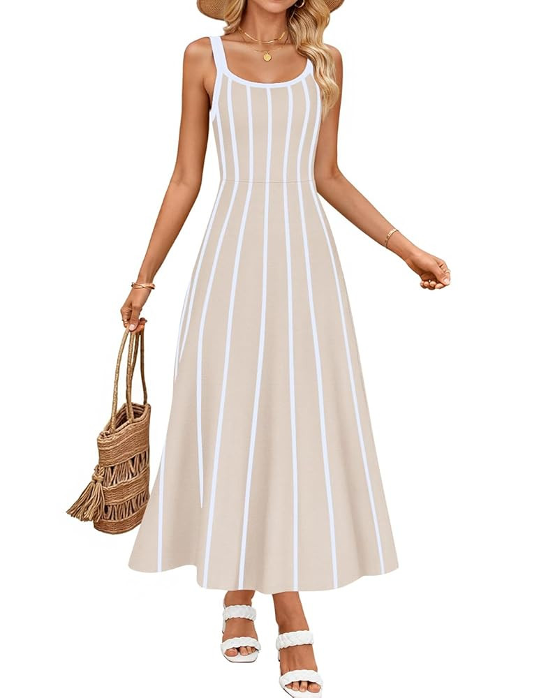 ZESICA Womens 2025 Summer Sleeveless Striped Midi Dresses Casual A Line Swing Knit Long Dress Bea... | Amazon (US)