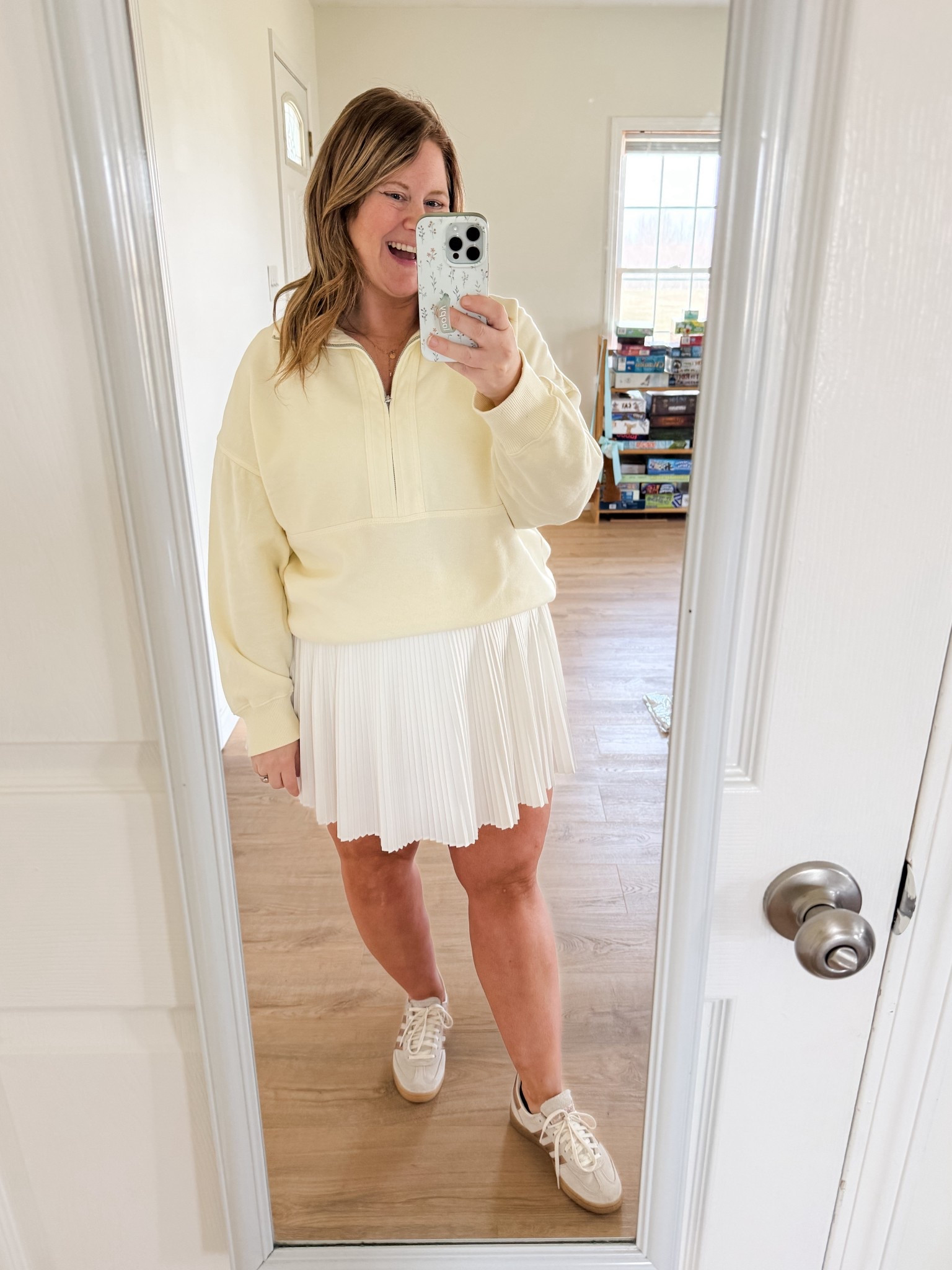 Wearing a large in my butter yellow Aerie quarter zip.  My pleated skort is older but I linked multiple similar ones.  Also love my adidas sneakers - size down 1/2. 

#LTKMidsize #LTKSaleAlert #LTKBump