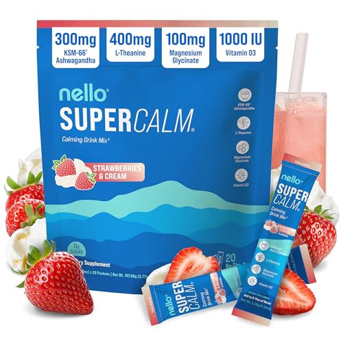 Nello Supercalm Powdered Drink Mix, Cortisol Reducer*, Sleep Aid Supplement, L Theanine, Ksm-66 Ashwagandha, Magnesium Glycinate, Vitamin D 3, No Sugar, Non GMO, 20 Ct, Strawberries & Cream | Amazon (US)