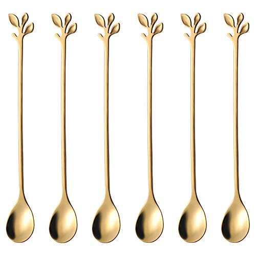 AnSaw 6.5" Elegant Leaf-Design Gold Coffee & Tea Spoons Set of 6- Long Handle Stainless Steel Stirring Spoons for Espresso, Iced Tea - Ideal Coffee Bar Accessories | Amazon (US)
