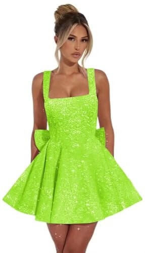 KSIJJWY Sparkly Sequin Mini Prom Dress for Teens, Spaghetti Straps A Line Homecoming Cocktail Party Gowns with Bow Lime Green US14 | Amazon (US)