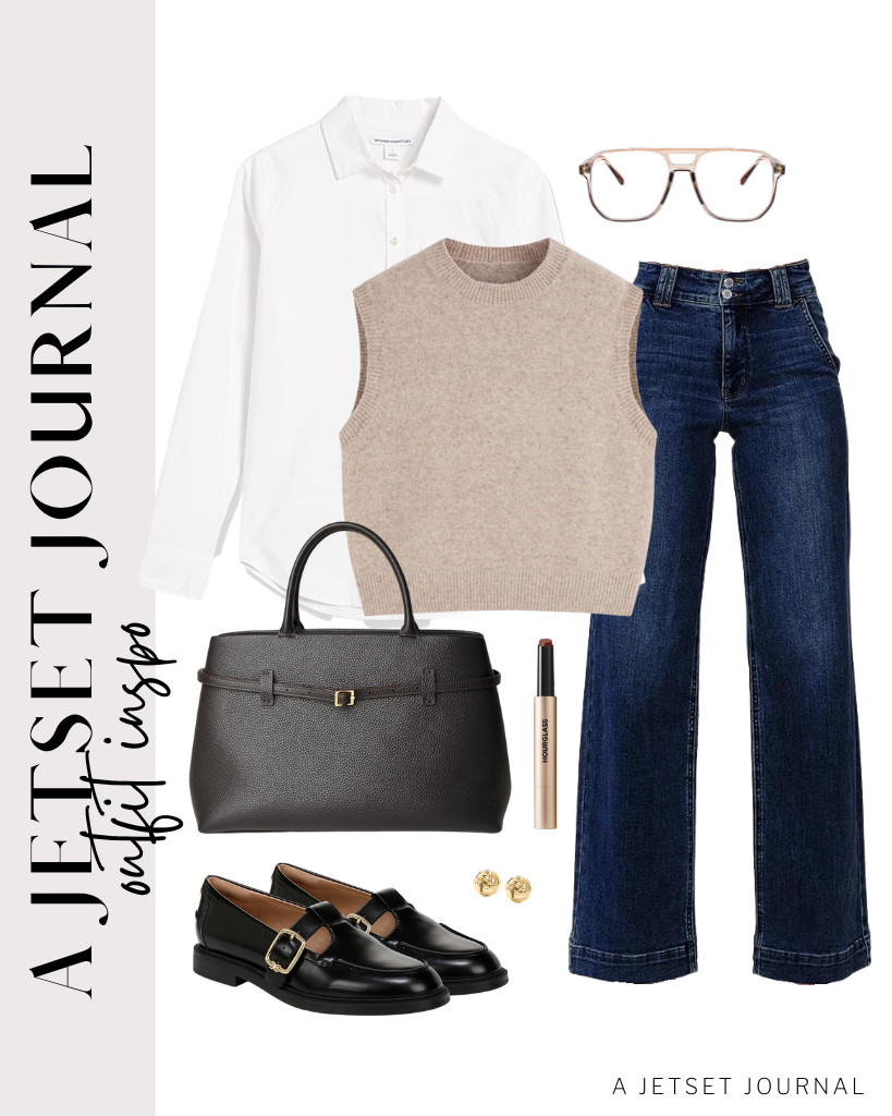 This combination features a white button-down shirt from Gleeivy, a beige CIDER sweater vest, and Astylish wide-leg jeans. For this look, wear these Sam Edelman Elaina loafers and grab this top-handle satchel bag. 

 #LTKSeasonal #LTKSaleAlert #LTKTravel