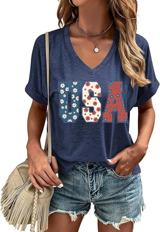 4th of July Patriotic V Neck Shirt for Women Funny American Flag Graphic Tee Summer Short Sleeve ... | Amazon (US)