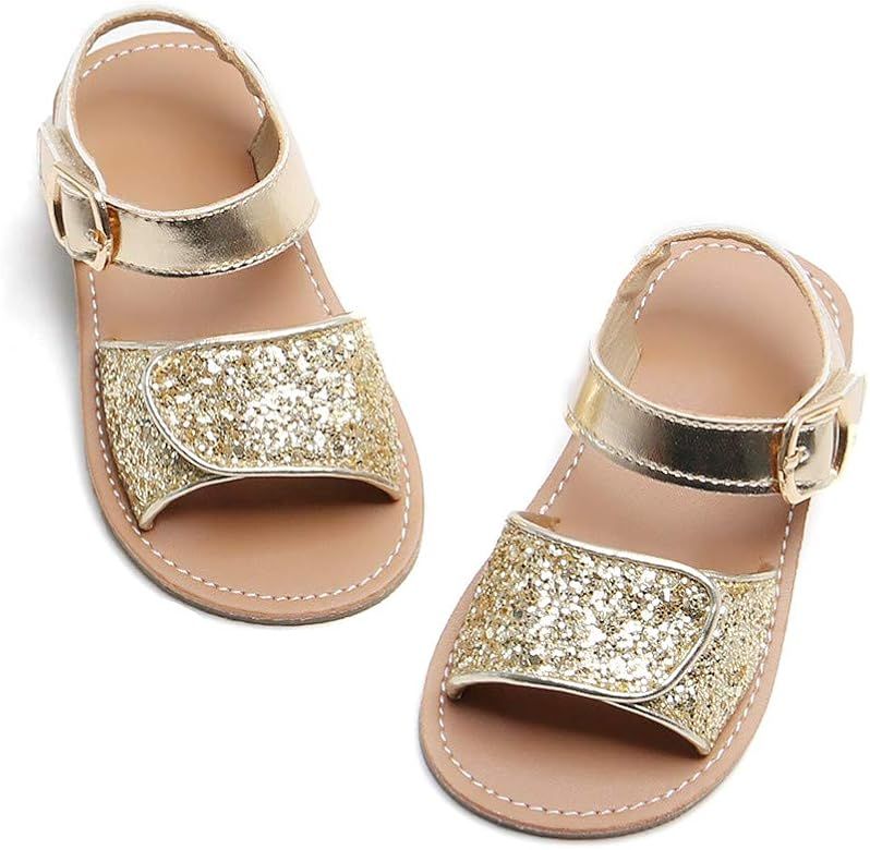 Flaryzone Toddler/Little Girls' Open Toe Hook & Loop Strap Summer Flat Sandals | Amazon (US)