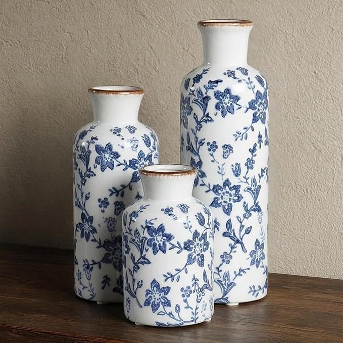 Ceramic Vase Set of 3, Vintage Ceramic Flower Vases, Crackle-Glaze & Distressed Rim, Blue Botanic... | Amazon (US)