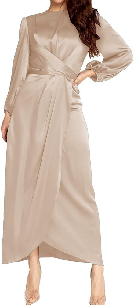 PINUPART Women's Elegant Empire Waist Long Sleeve Satin Maxi Dress | Amazon (US)