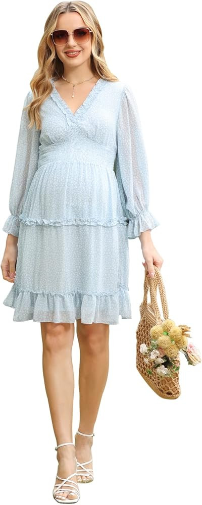 Maacie Maternity Bohemia Chiffon Dress A-Line Ruffle Dress for Women | Amazon (US)