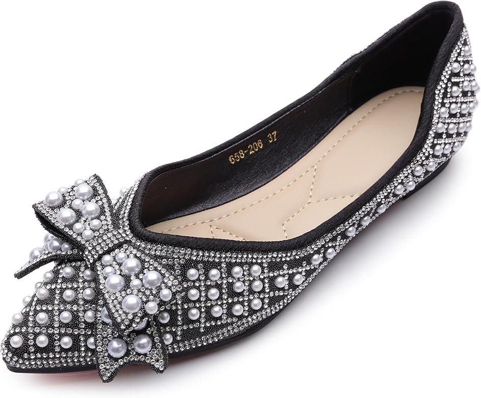 QXCGDYXT Women's Rhinestone Flats Pointed Toe Low Heel Wedding Flats Work Business Flats Comforta... | Amazon (US)