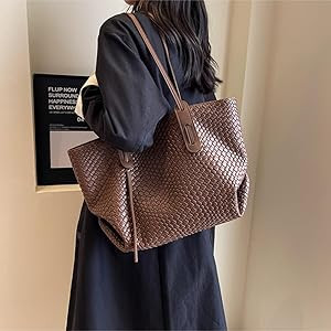 Womens Fashion Luxury Large Leather Woven Leather Tote Handbag Shoulder Bag Women Top Handle Satc... | Amazon (US)
