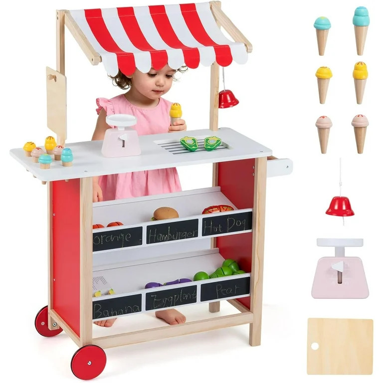 OLAKIDS Wooden Grocery Store Marketplace Toy, Supermarket Pretend Play, Extra Storage 6 Ice Cream... | Walmart (US)