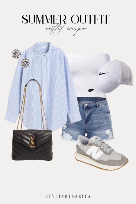Summer outfit, outfit inspo, nike cap, denim shorts, new balance sneakers, ysl bag,striped shirt , white tube top 

#LTKstyletip #LTKFind #LTKU