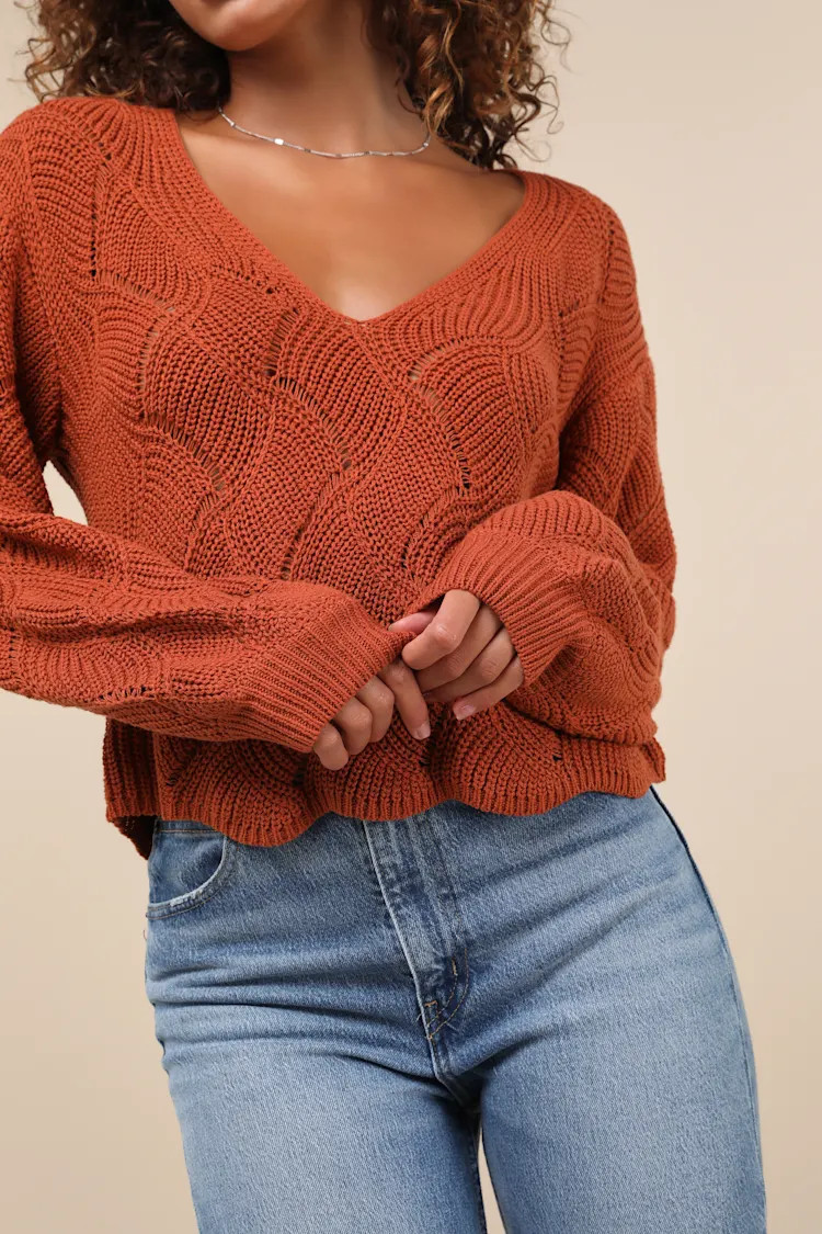 Cute Lifestyle Rust Orange Pointelle Knit V-Neck Sweater Top | Lulus