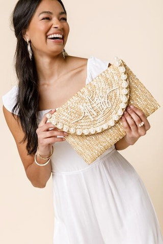 Mrs Embroidered Straw Pearl Clutch - francesca's | Francesca's