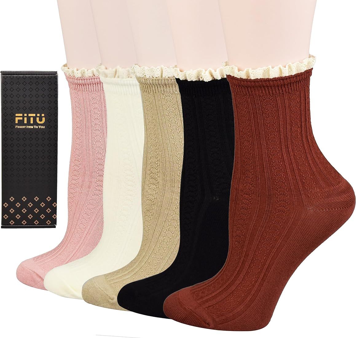 FITU Women's Lace Trim Ruffle Frilly Turn Cuff Socks Cute Rayon Vintage Dress Socks Crew Ankle Bo... | Amazon (US)