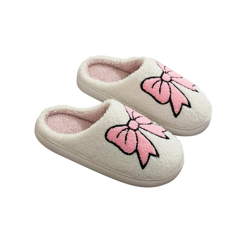 Xfvqtps Christmas Slippers Fuzzy Slippers for Women Bow Print Sweet Fleece Lining Soft Thick Sole... | Walmart (US)