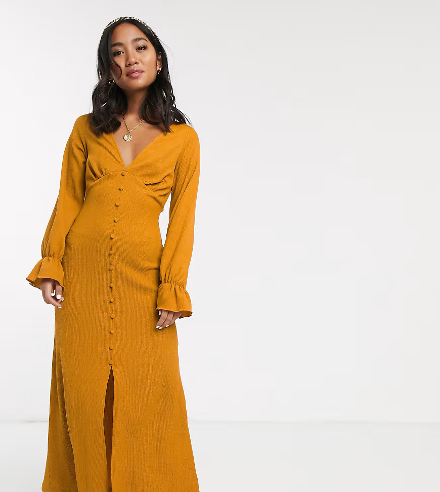ASOS DESIGN Petite long sleeve button through textured maxi dress-Yellow | ASOS (Global)