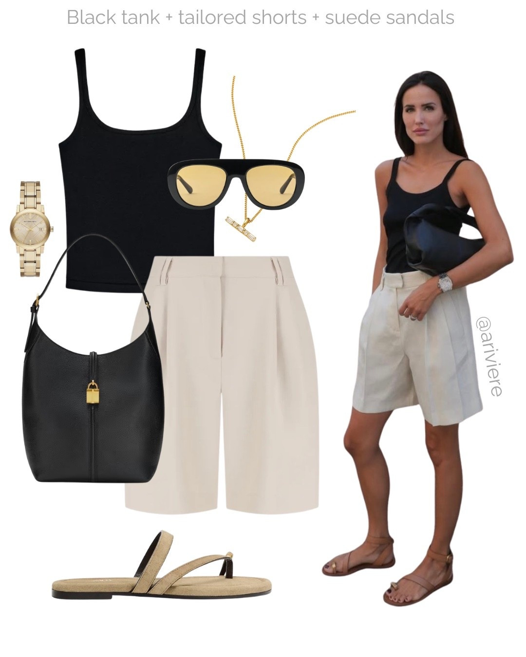Neutral summer outfit inspired by @ariviere 🖤

Tags: black tank top, tailored Bermuda shirts, DeMellier tote bag, gold watch, Zara shield sunglasses, bar necklace, suede toe ring sandals, capsule wardrobe, spring transitional outfit formula, minimal look

#LTKsummer #LTKworkwear #LTKstyletip