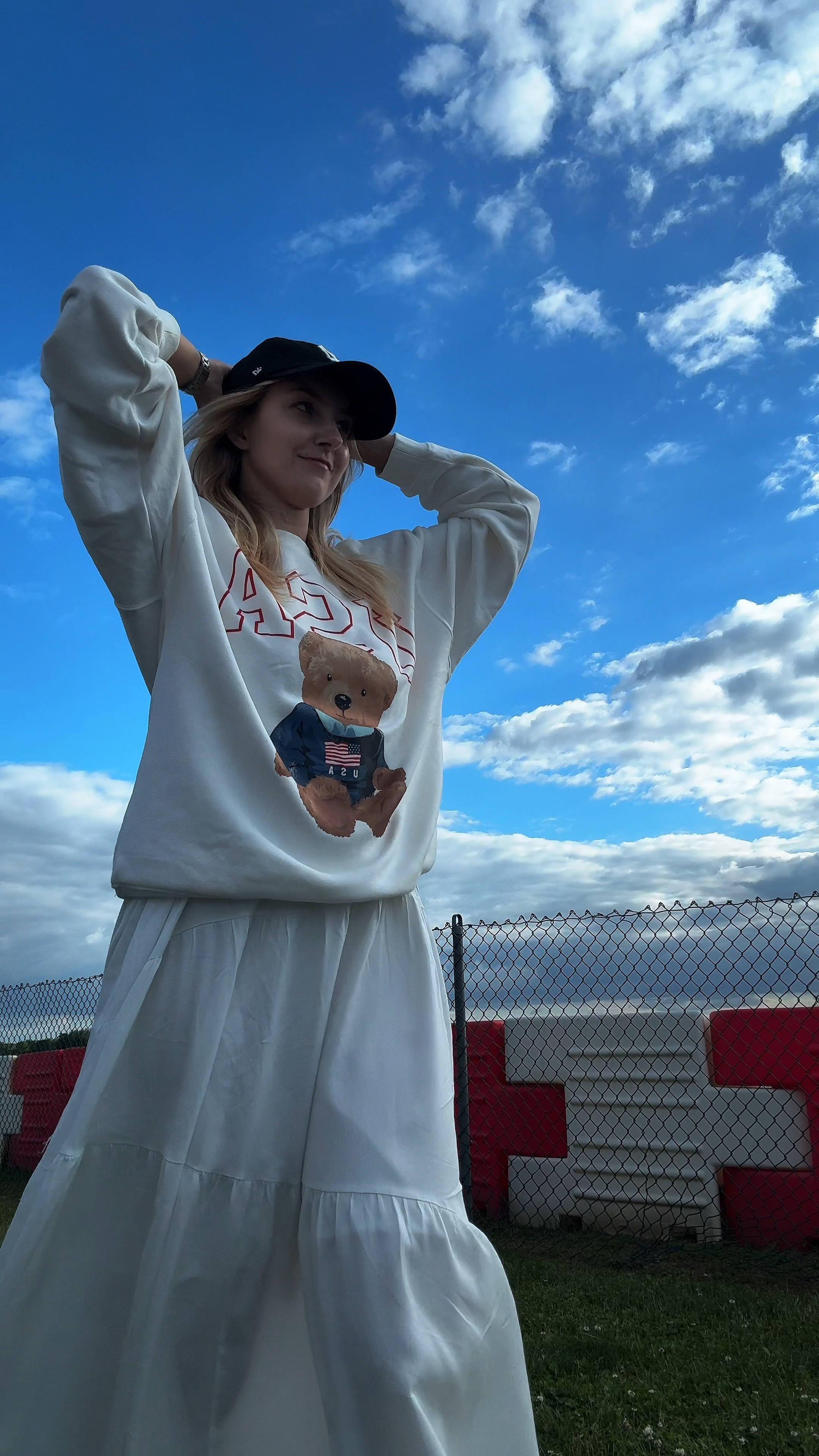 Memorial Day ready: wearing bear USA patriotic sweatshirt and white maxi skirt 

Black hat • white sweatshirt • USA sweatshirt • Memorial Day outfit • white maxi skirt • white maxi dress • white dress • white skirt • denim ballerinas 

#LTKSeasonal #LTKStyleTip #LTKVideo