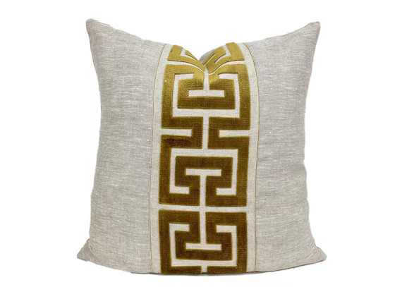 Oatmeal Linen Pillow Cover with Large Gold Greek Key Trim | Etsy | Etsy (US)