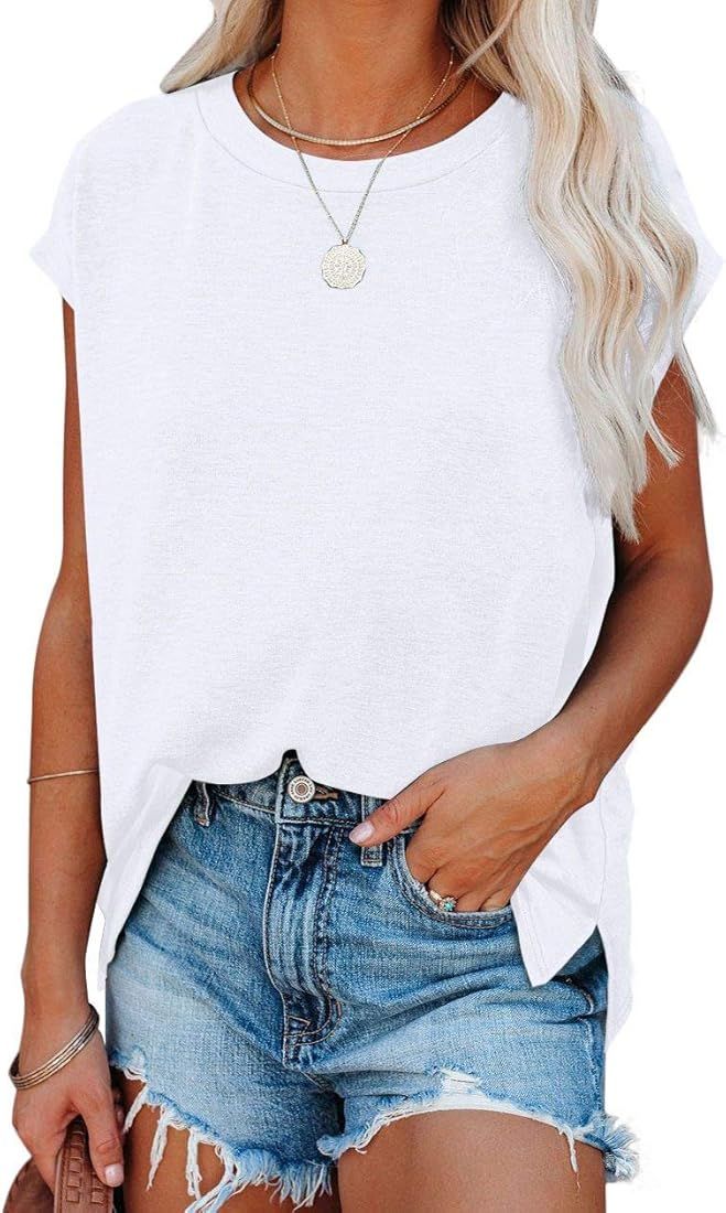 SAMPEEL Womens Summer Shirts Crew Neck Basic Cap Sleeve T Shirts Side Slit Tops | Amazon (US)