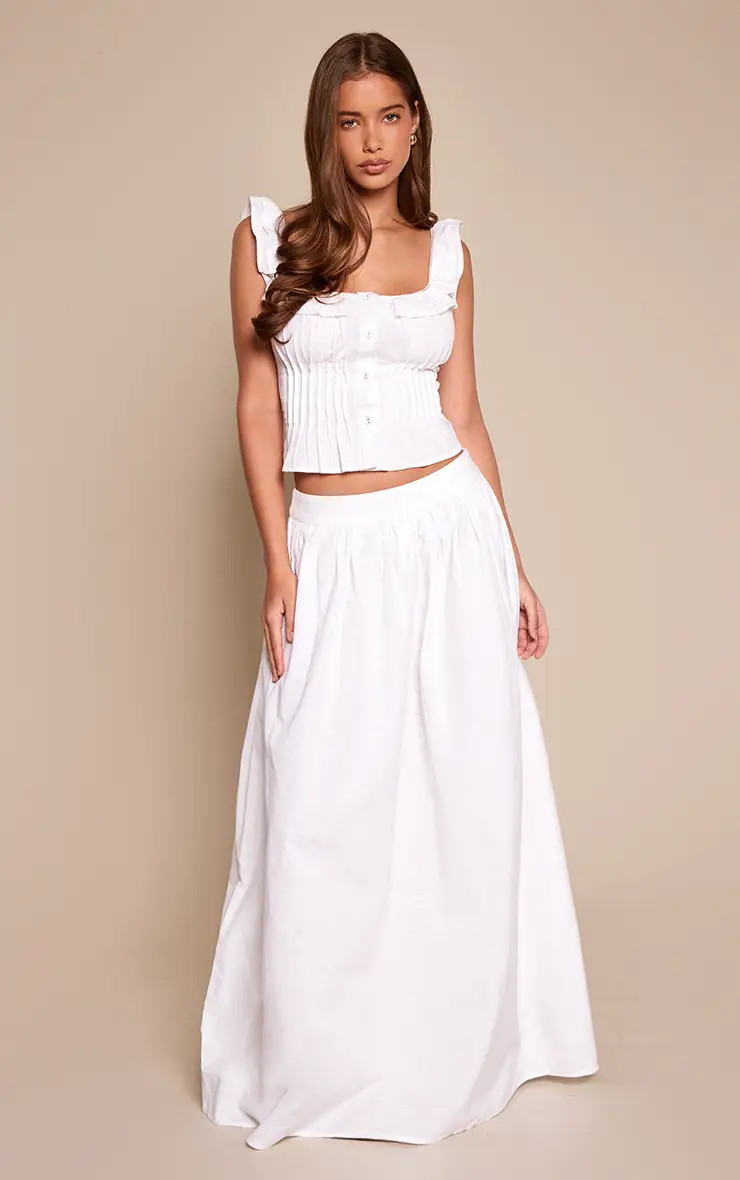 White Cotton Pleated Maxi Skirt Co-ord | PrettyLittleThing UK