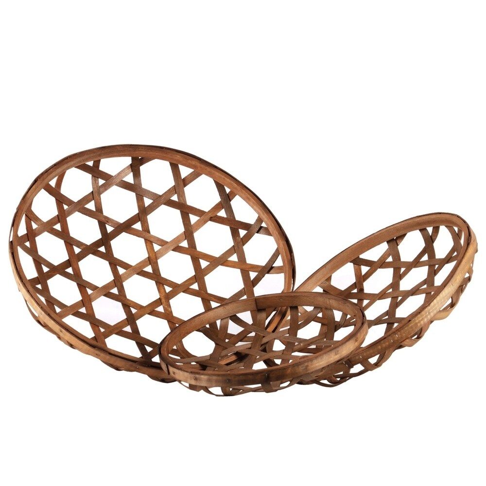 UTC57406: Wood Round Tobacco Basket with Octagon Pattern Design Set of Three Natural Finish Brown | Bed Bath & Beyond