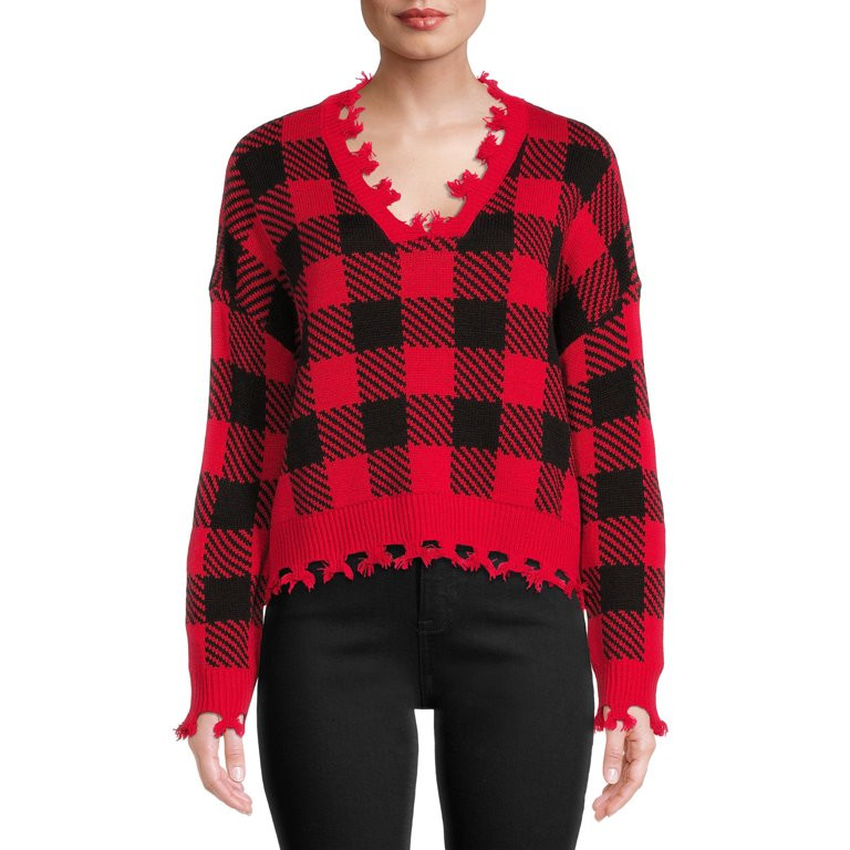 No Boundaries Juniors' Chewed Conversational Sweater | Walmart (US)