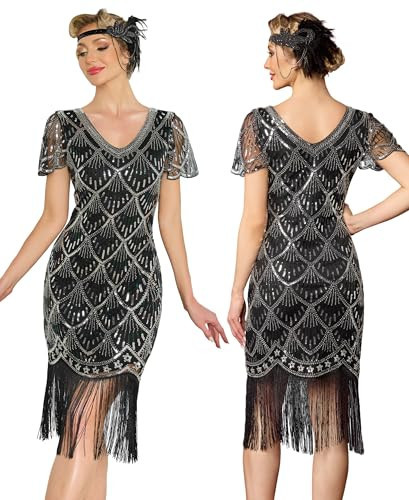 MTITE Flapper Dresses 1920s V Neck Beaded Fringed Great Gatsby Dress For Women (Black-silver, XXL) | Amazon (US)