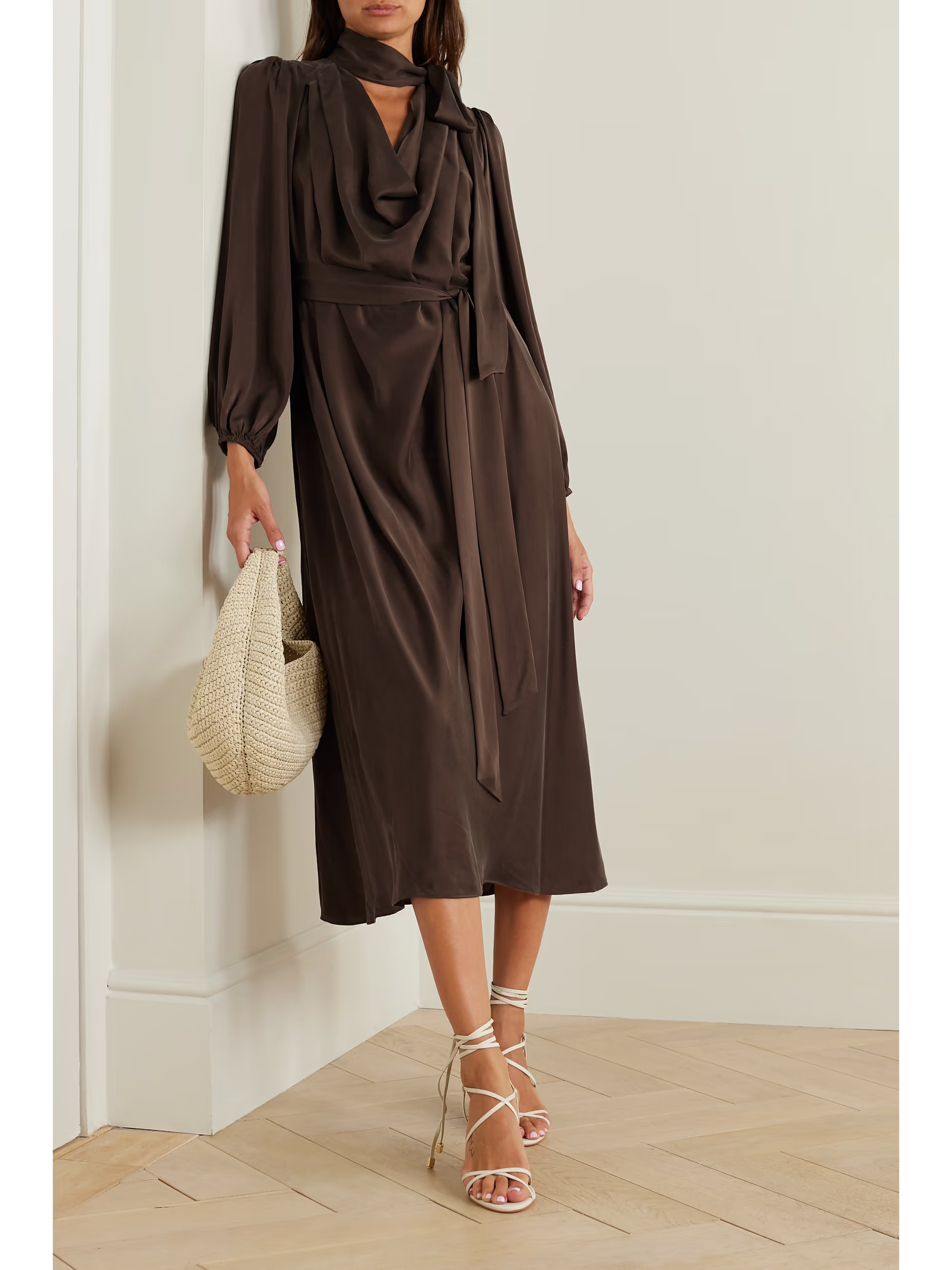 Billow pussy-bow belted silk-satin midi dress | NET-A-PORTER (US)