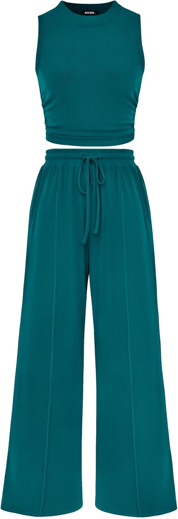 BTFBM Summer Outfits For Women 2026 Cropped Sleeveless Tank Tops Wide Leg Pants 2 Piece Sets Beac... | Amazon (US)