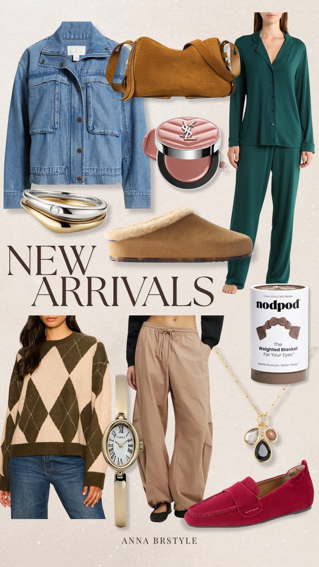 A roundup of new arrivals for fall, including a denim utility jacket, suede shoulder bag, argyle sweater, barrel leg pants, and colorful suede loafers. I also included a few beauty, jewelry, and wellness finds, from the YSL cream blush to the Nodpod weighted eye mask. A mix of clothing, accessories, and everyday pieces worth checking out.
new arrivals, fall fashion finds, denim utility jacket, suede shoulder bag, argyle sweater, barrel leg pants, suede loafers, YSL cream blush, Nodpod weighted eye mask, fall accessories, everyday jewelry, fall shopping finds, annabrstyle