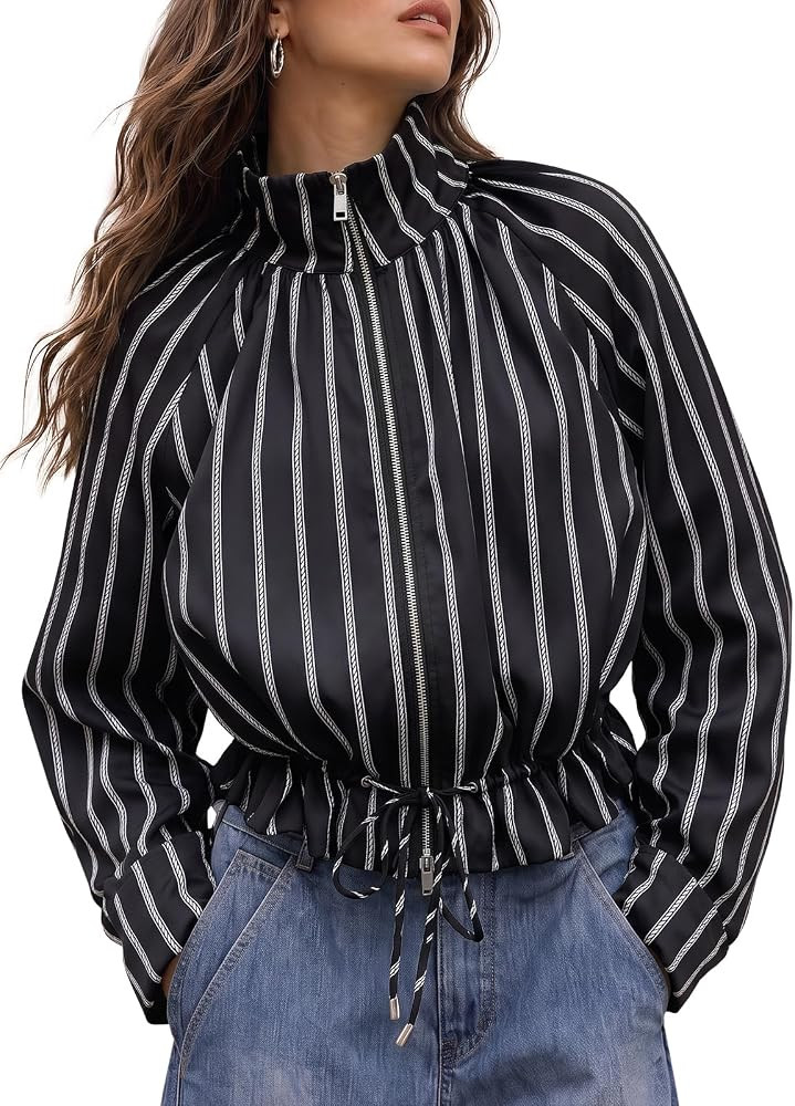 Fisoew Womens Casual Striped Jackets Stand Collar Zip Up Fall Cropped Coat | Amazon (US)