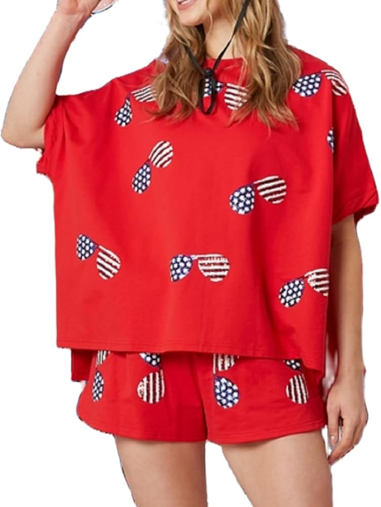 Women 4th of July Outfits Sparkly Sequin American Flag Graphic Tee Shirt Shorts Sets Independence... | Amazon (US)