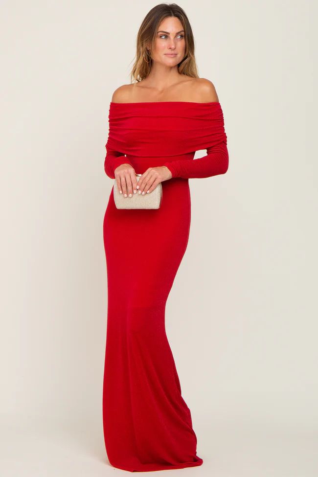 Red Metallic Off Shoulder Long Sleeve Maxi Dress | PinkBlush Maternity